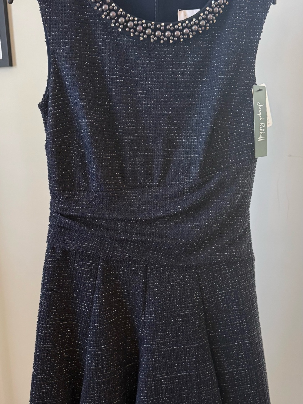 Joseph Ribkoff Navy Tweed Dress with Beaded Neckline